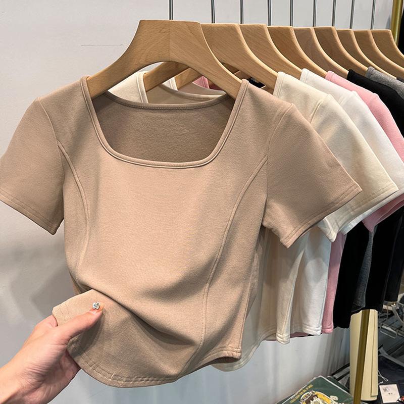 

GMXIA Футболка белая с квадратным воротником и короткими рукавами, женская летняя, с закругленным подолом, большим вырезом, утягивающий, короткий топ Fishbone XXL хаки