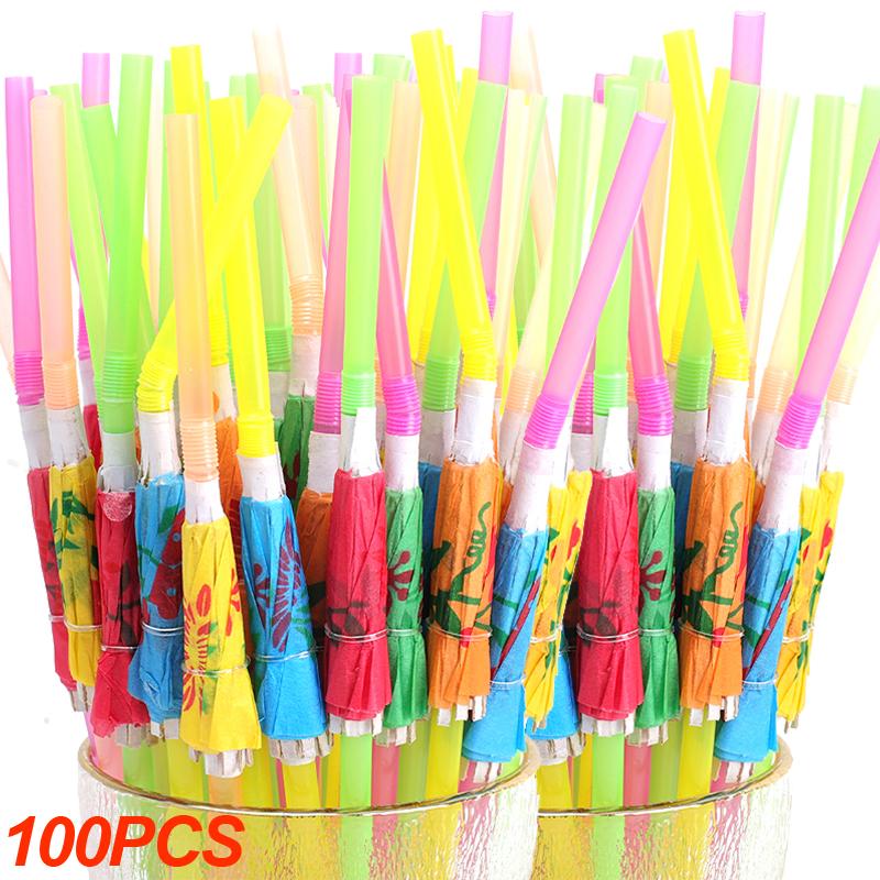 10-100pcs Tropical Umbrella Straws Mix Color Disposable Plastic Drinking Straw For Cocktail Juice Hawaii Beach Party Decoration