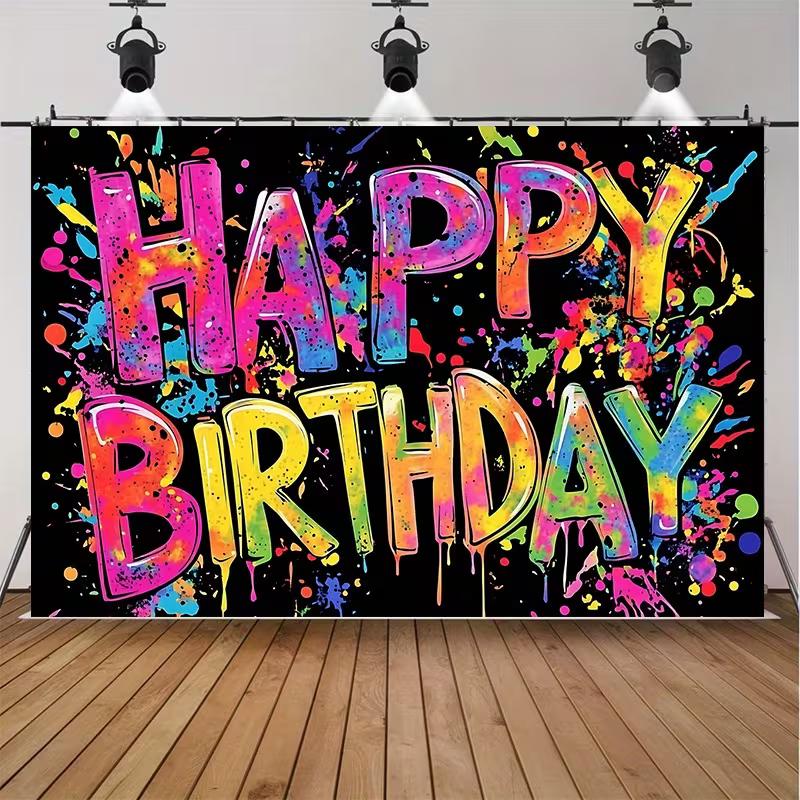 2D Black Paint Splatter Happy Birthday Backdrop Banner for Hip Hop Party Supplies
