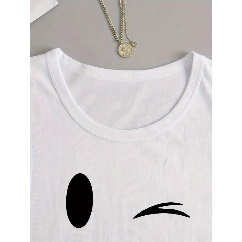 Europäische Größe Damen Lässiges Langarm Crew-Neck Grafikdruck T-Shirt - Verspieltes fröhliches Gesicht Design, Schmale Passform,