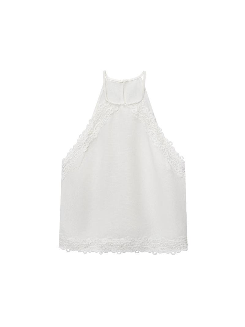 Retro Crochet Lace Trim Linen Halter Top L белый
