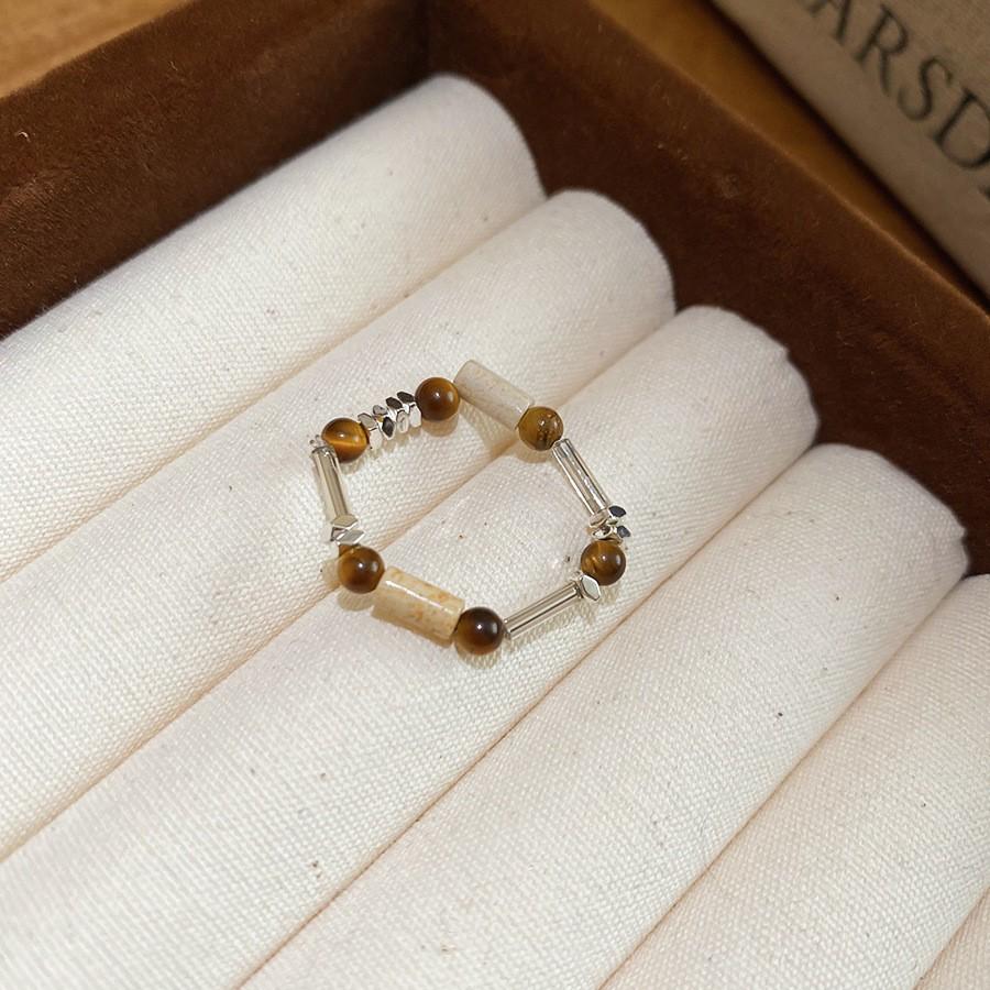 Vintage zircon tiger's eye stone round open ring Maillard style index finger ring fashion niche design ring woman