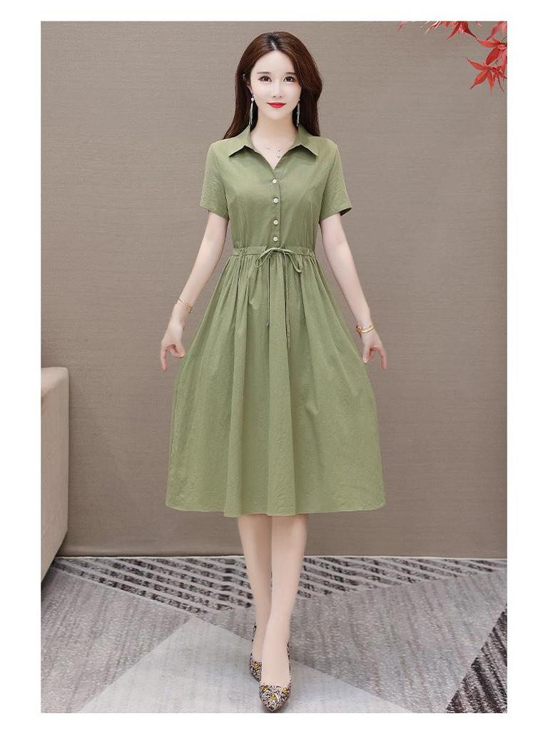 Women's 2023 Summer Solid Color Cotton Linen A-line Dress, Short Sleeve, Casual Slimming Design