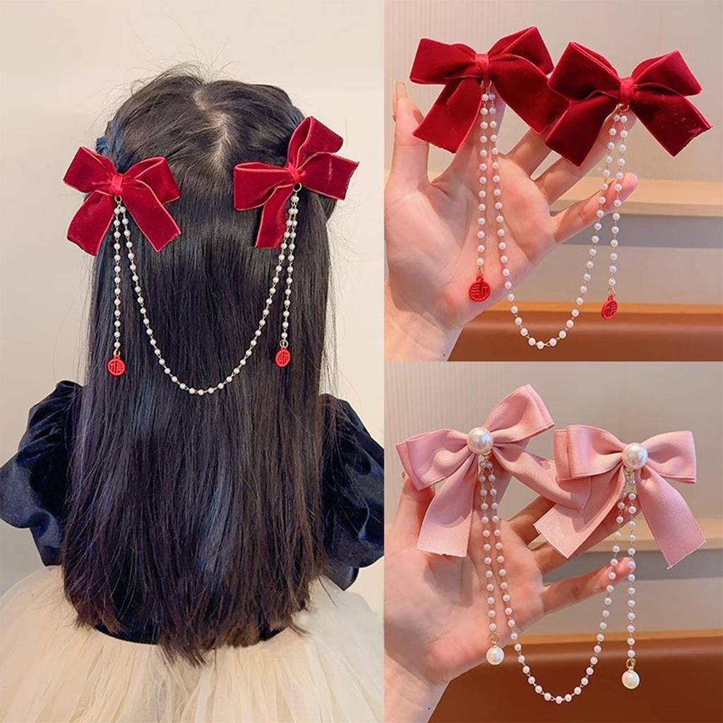 Elegant Double Bowknot Hair Clip for Kids with Tassel Pearls Designs Perfect for Little Girls Daily Wear and Event