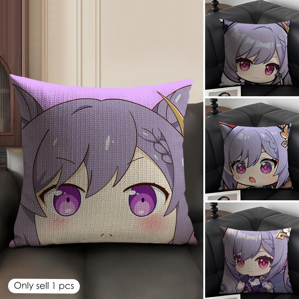 Keqing Cute Genshin Impact Cushion Cover Natural Linen Organic Fabric DoubleSided Printing Sofa Home Decor Gift Pillow Case
