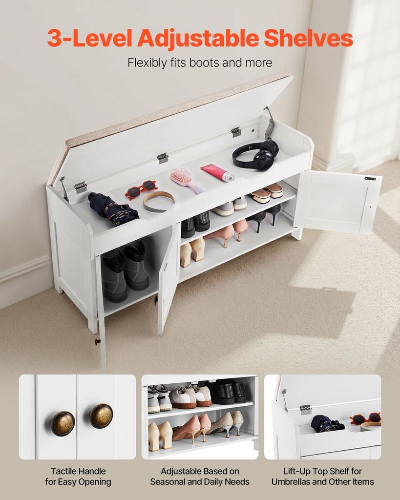 Shoe Bench, 1050 X 350 X 503 Mm Entryway Bench with Lift Top Storage and Seat Cushion, 250lbs Shoe Storage Rack with 3 Cabinets and Height Adjustable
