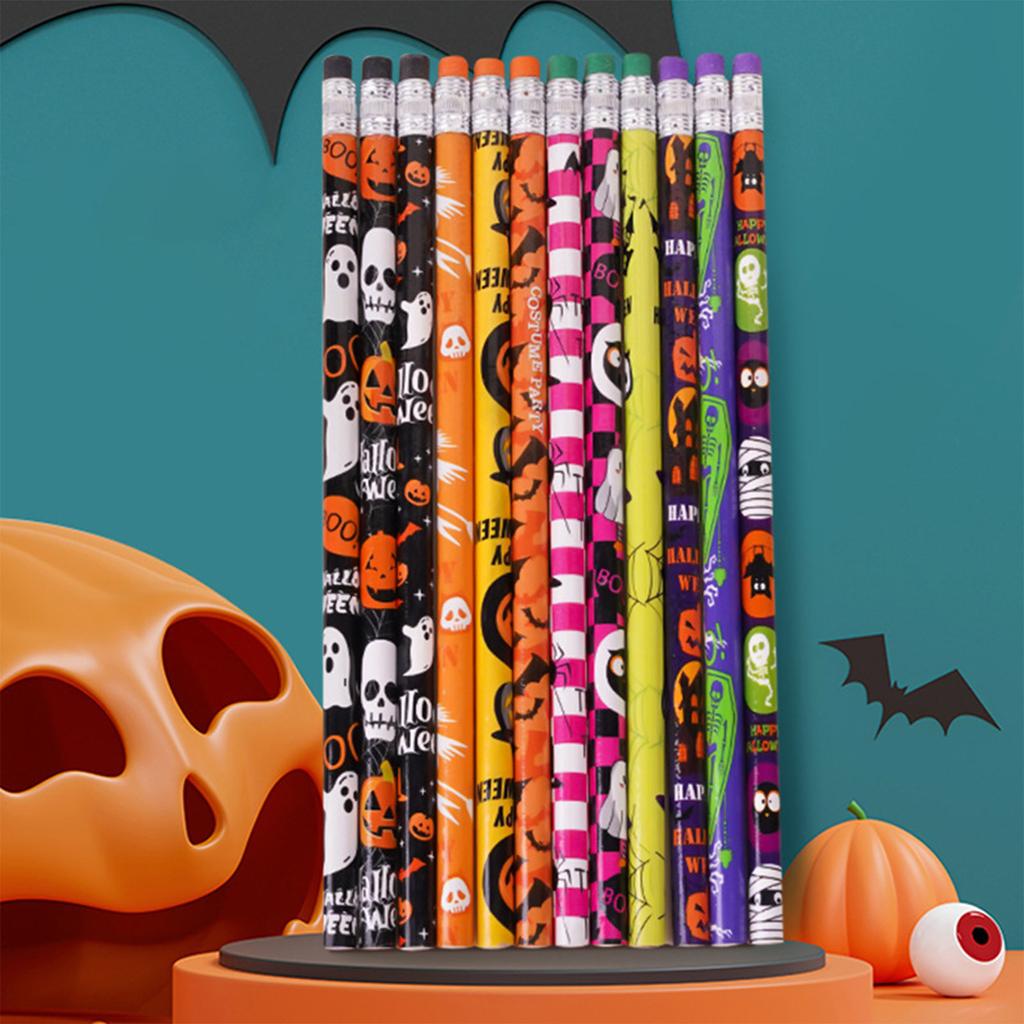 Halloween Pencils With Eraser Assortment Halloween Themed Pencil Skeleton Spider Wooden Pencils For Halloween Party Supplies, 12
