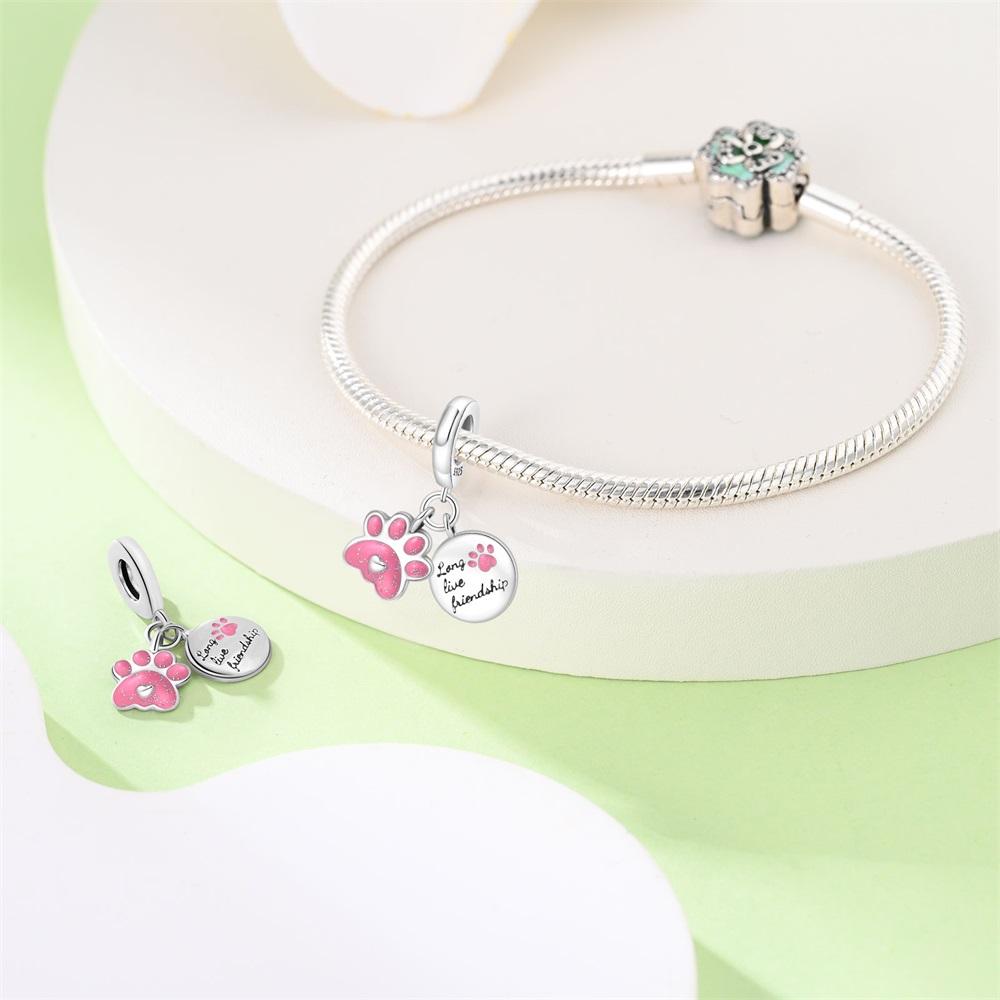 Original Copper Charms Luxury Pink Cat Paw Pendant Round Shape Beads Fit Bracelet Diy Women Making Delicate Gift