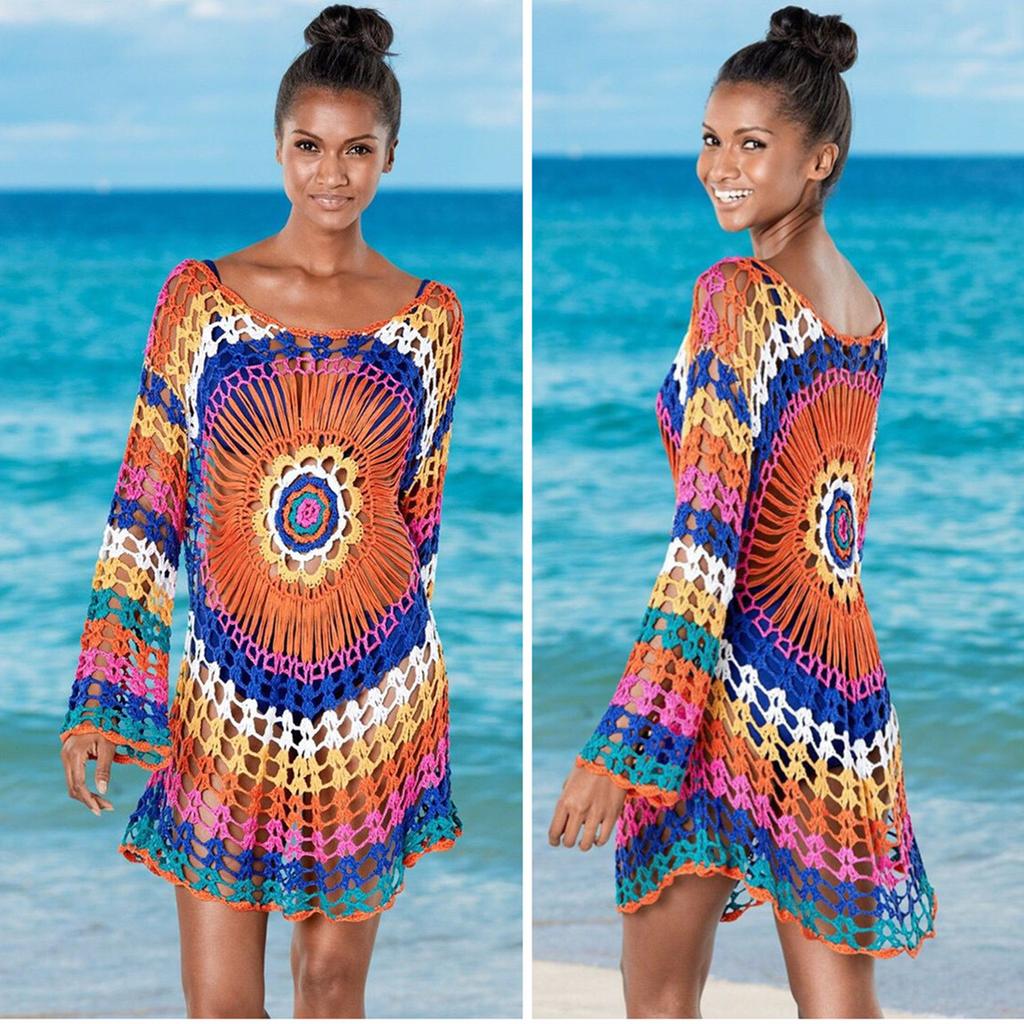 Damen Handgemachte Häkelarbeit Regenbogen Langarm Strand Cover Up Aushöhlen Lose Bikini Badeanzug Oberhemd