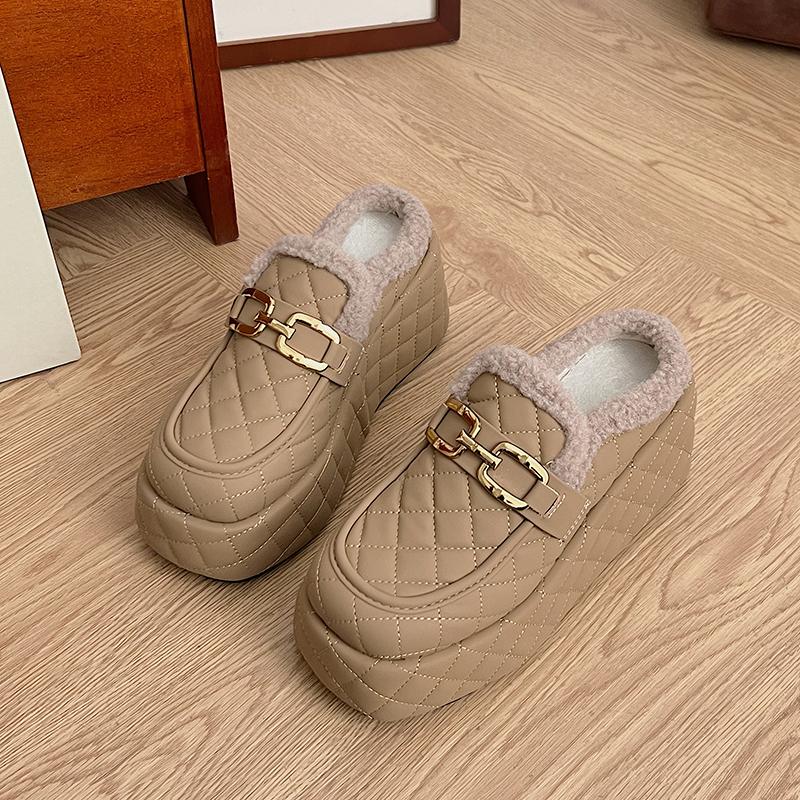 Fashion Aphixta 8cm Platform Metal Buckle Design Slippers Women Wedge Slides Women Shoes Checkered Furry Slides Slip On Winter Shoes
