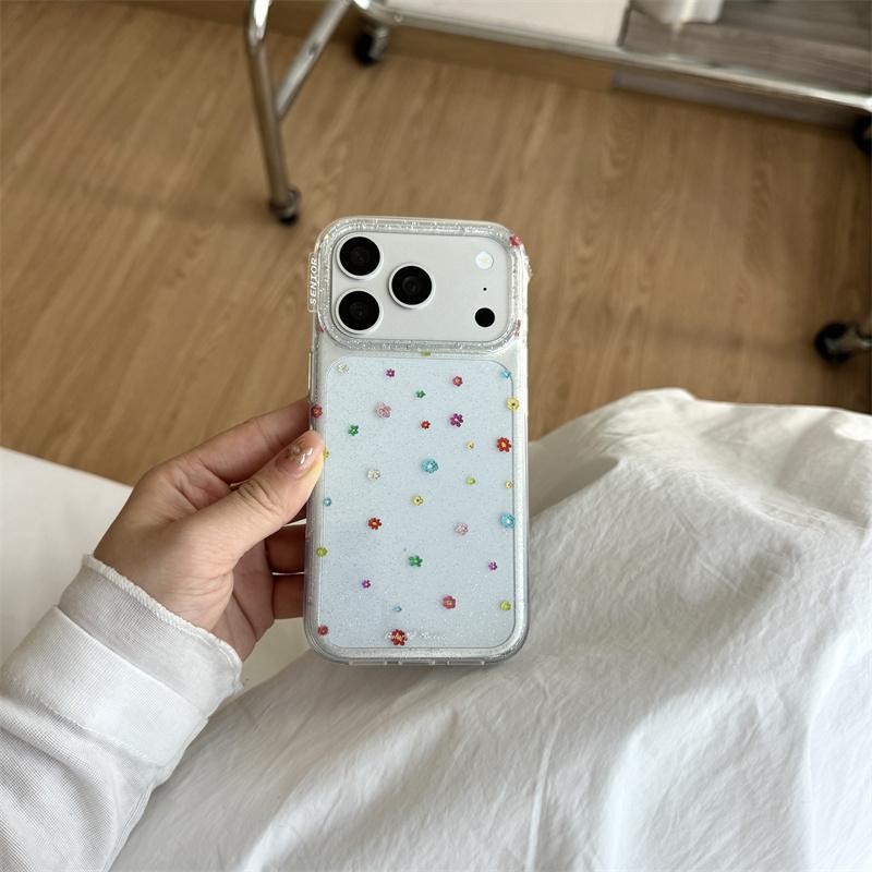 Kawaii Colorful Tiny Floral Glitter Clear Phone Case For iPhone 14 15 16 17 Pro Max INS Cute Large Window Shockproof Cover