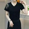 Women's Summer Lace Plus Size Short Sleeve T-Shirt Solid Color V-Neck Commuter Tops