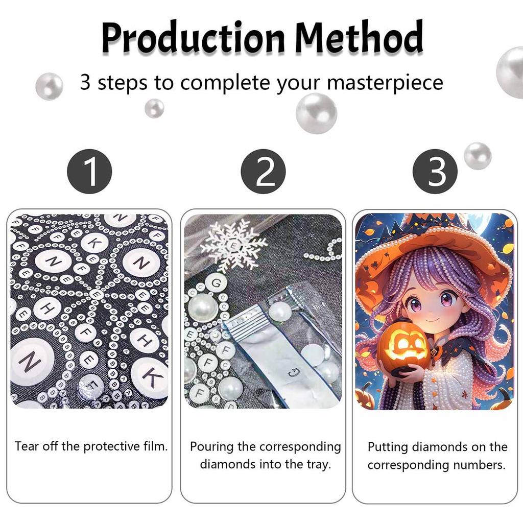 DIY Pearl Painting Canvas Witch Halloween Design Frameless 3D Bead Art Relaxing Craft for Living Room Decor