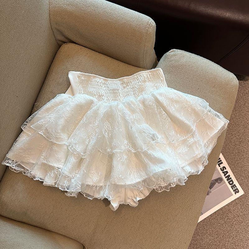 White A-Line Tulle Skirt With Lace Trim High Waist Short Teen Girls Casual Wear