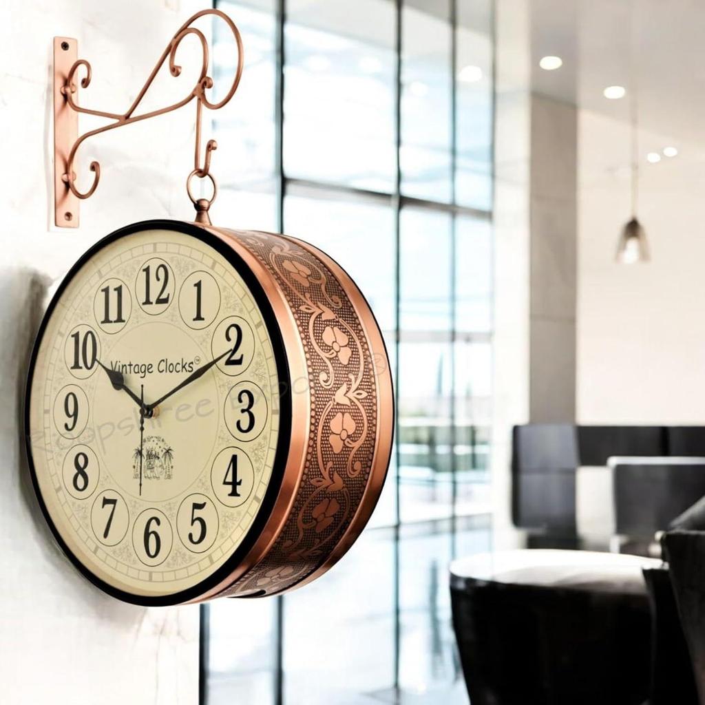 (12 INCH - Two Side English Numbers) Vintage Clock Iron Handcrafted Double Side Clock , Rose Gold Finish, Floral Design