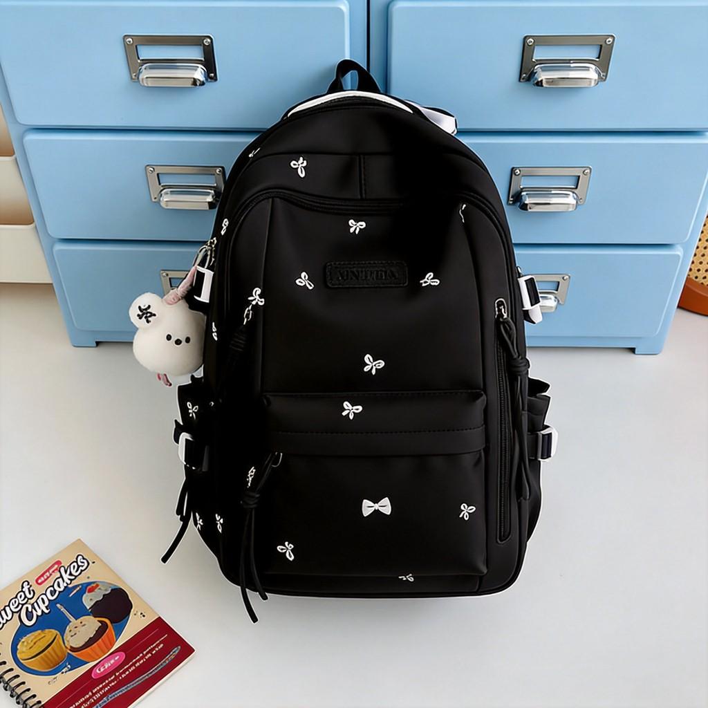 Girls School Backpack With Solid Color And Bow Embroidery Design For Middle School