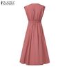ZANZEA Women Summer Casual V-Neck Short Sleeve Loose Pleated Dress