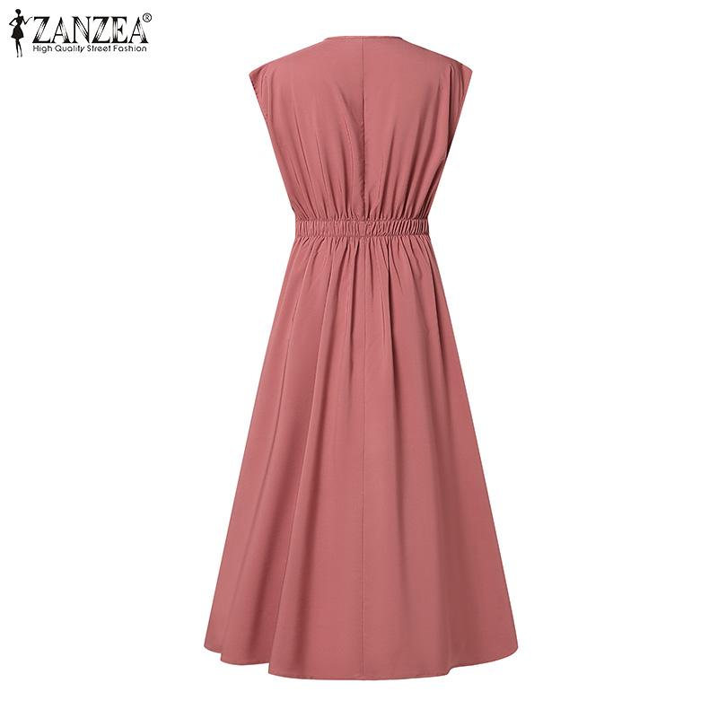 ZANZEA Women Summer Casual V-Neck Short Sleeve Loose Pleated Dress