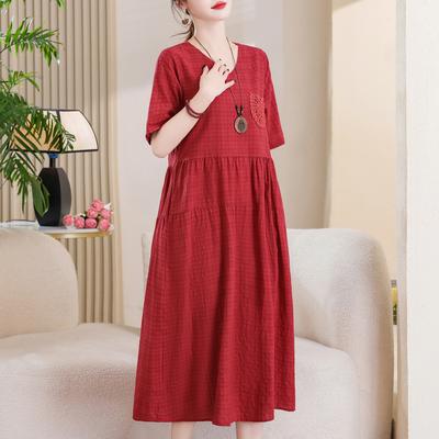 Women's Plus Size Cotton Linen Dress, Loose V-Neck Casual Summer Midi Dress with Pockets (XL-5XL)