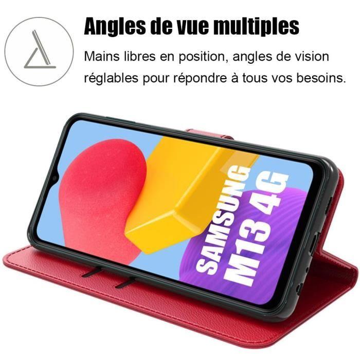 Coque pour Samsung Galaxy M13 avec 2 Verres Trempés - Protection Effet Cuir Rouge Fermeture Magnétique