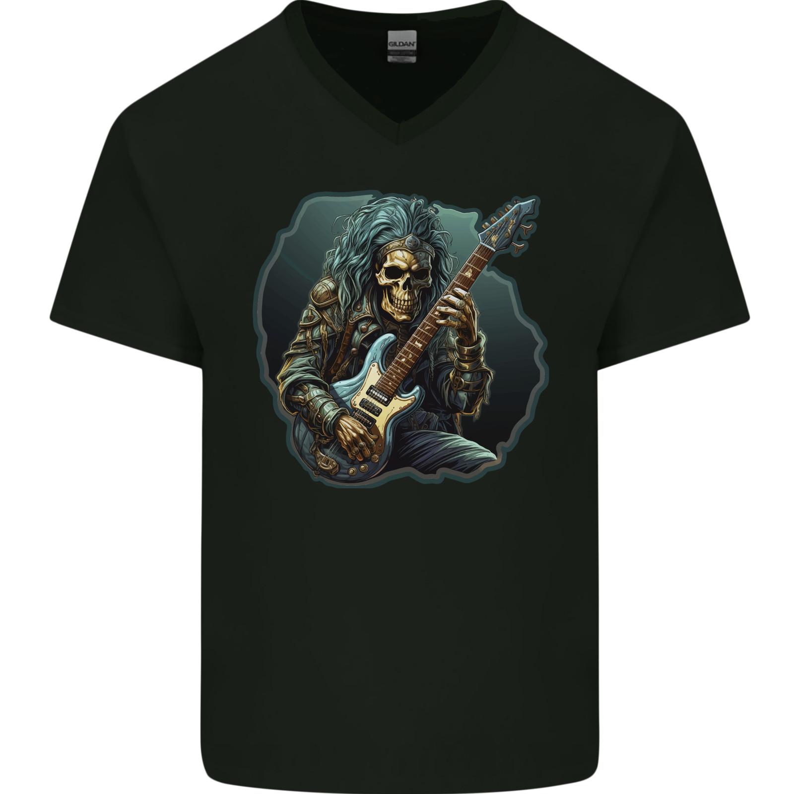 Heavy Metal Rock Skull Guitar Music Mens VNeck Cotton T-shirt S