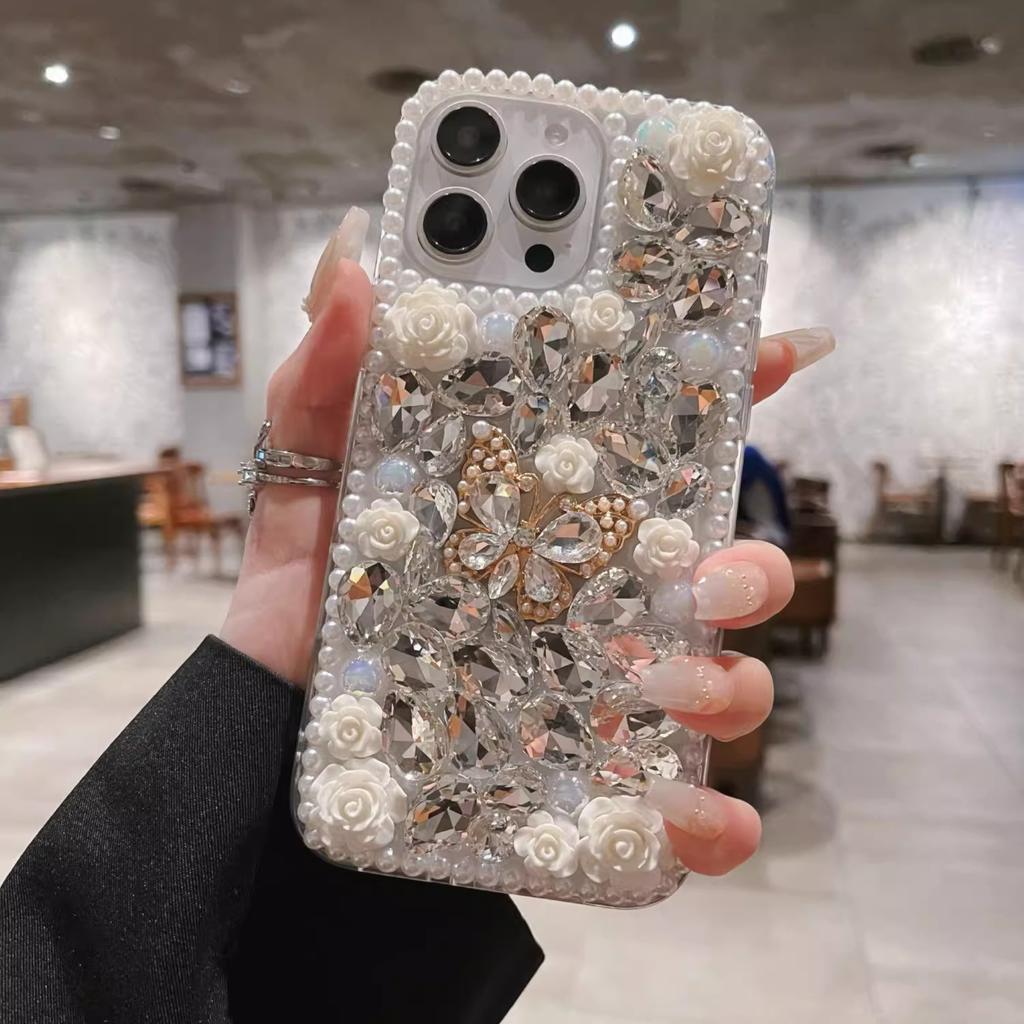 Luxuriöse Vollbild-Handyhülle mit Strass-Schmetterling und Blume für iPhone 16 15 14 13 12 11 Pro Max