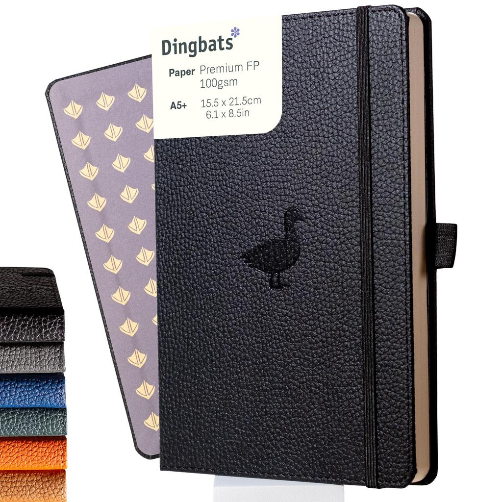 Wildlife Dotted Lined Medium Black Hardcover Cream 100gsm Paper Includes Bookband Bookmark Dingbats - Notebook, Duck, A5+ - - Ink-Resistant - Pocket,