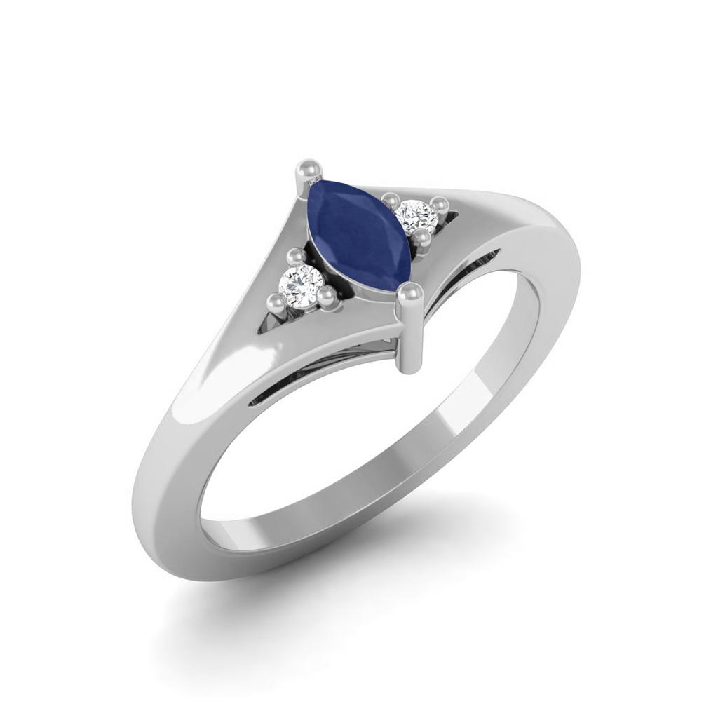 0.19 Cts Marquise Blue Sapphire 925 Sterling Silver Three Stone Wedding Women Ring