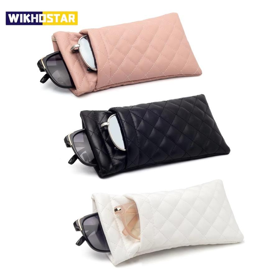 1Piece Soft PU Double Glasses Case Portable Squeeze Top Leather Glasses Case Minimalist Argyle Anti-Scratch Glasses Storage Bag