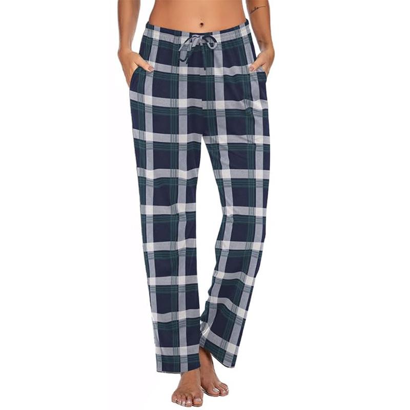 European and American Women's Plaid Print Casual Sleep Pants - Drawstring Loose Fit