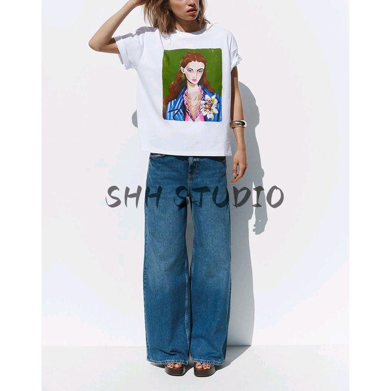 Spring and Summer Women's Clothing French Style Silm Straight-leg Contrast Color Girls' Print Cotton Round Neck Short Sleeve T-shirt 5644188