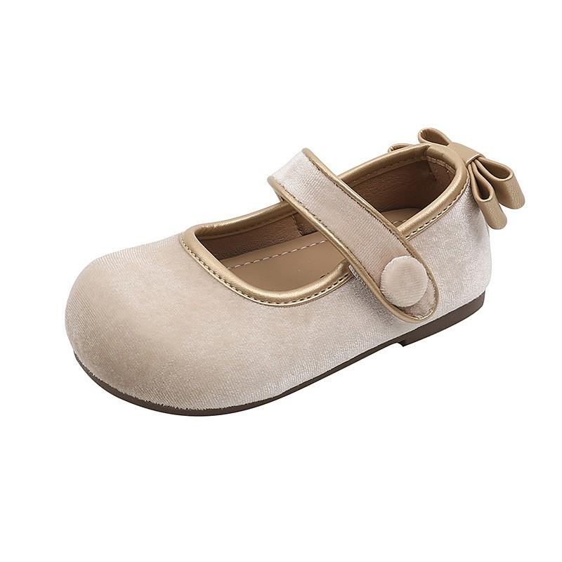 Girls Velvet Mary Janes With Bow Button Detail Soft Sole Flat Shoes Toddlers Kids