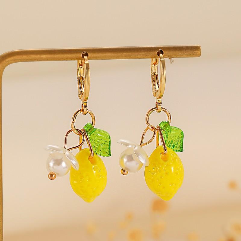 Yellow Lemon Flower Earrings Necklace Set Women Fresh Fruit Jewelry Style Resin Drop