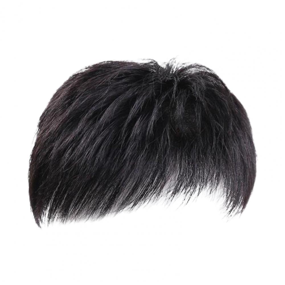 Men Short Straight Hairpiece with Bangs BaldSpots Gray Hair Coverage High Temperature Fiber Male Black Synthetic Hair Wig