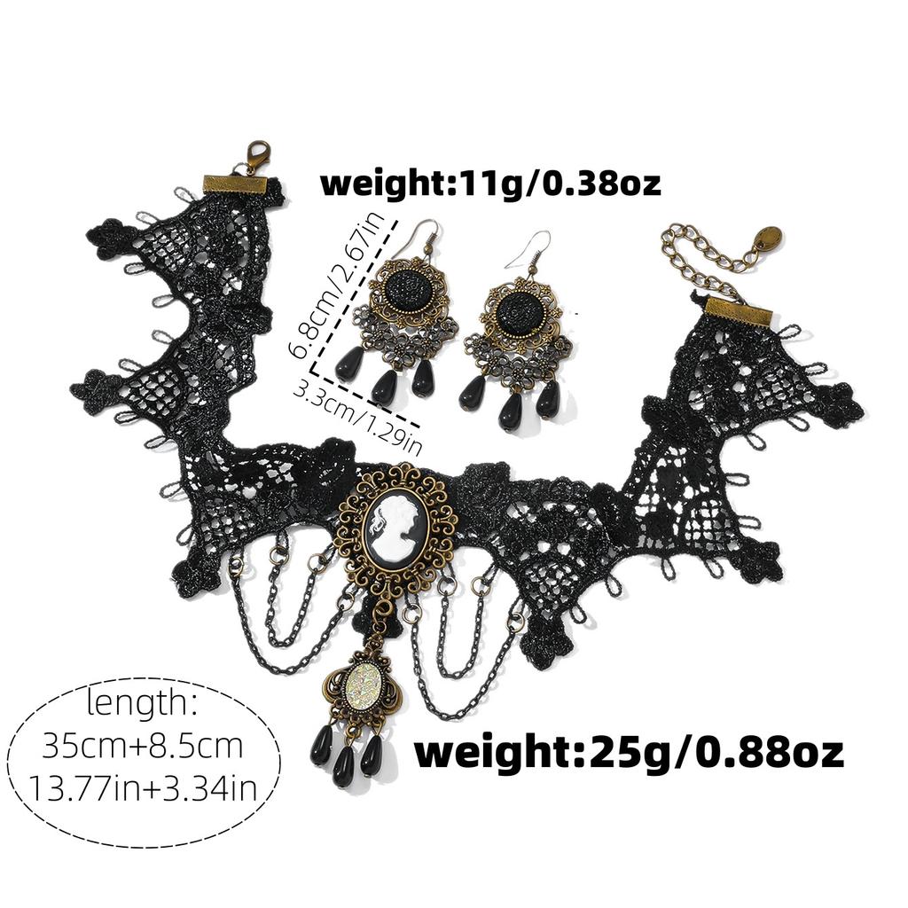 Europe and the United States hot-selling gothic court retro lace queen head necklace women's black gemstone tassel set
