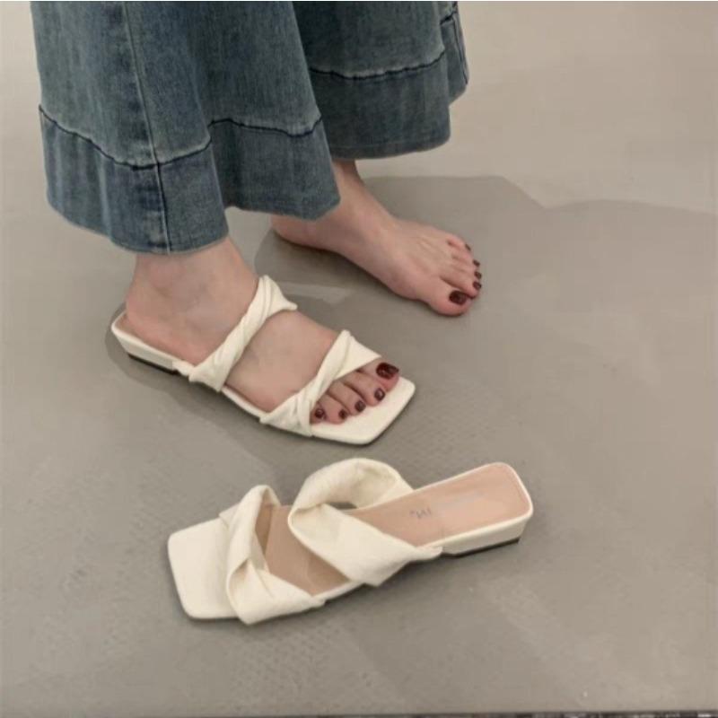 

New Style Designer Summer Butterfly-knot Lace Women Slippers Casual Thick Low Heel Dress Street Style Slides Zapatos Mujer 35