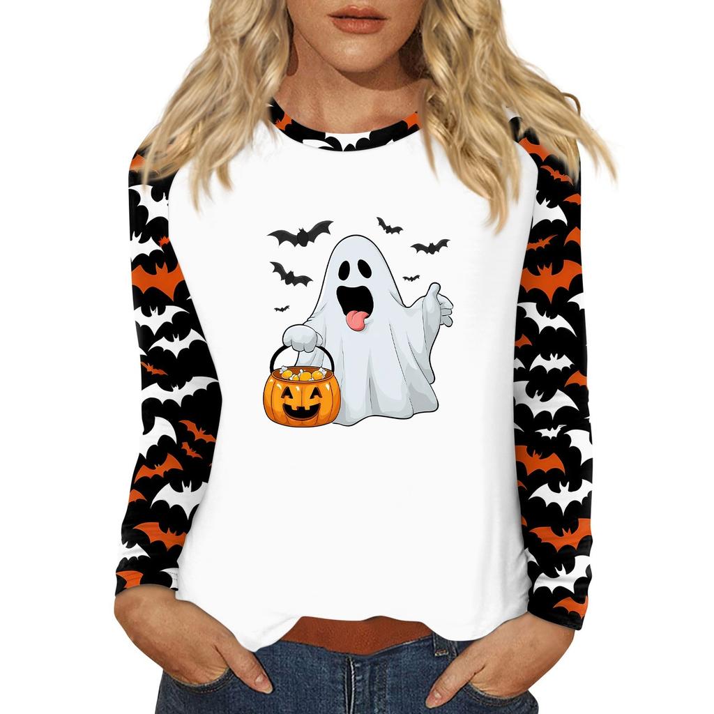 Damen T-Shirt Halloween-Print Langarm Täglich Mode Basic Rundhals Raglanärmel Oberteil