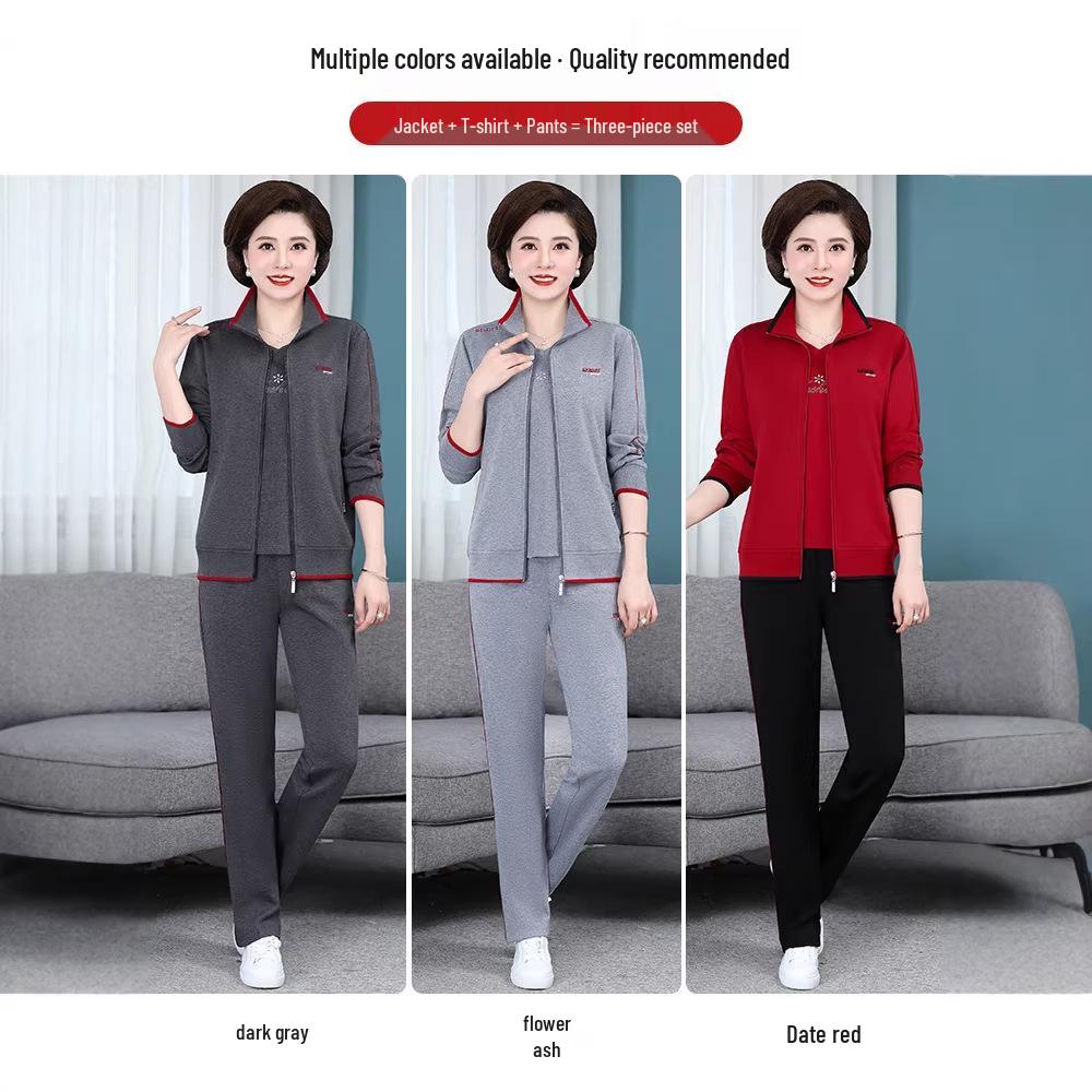 Women's Plus Size Casual Sports Suit - Spring/Autumn Loose Three-piece Set for Middle-aged Moms