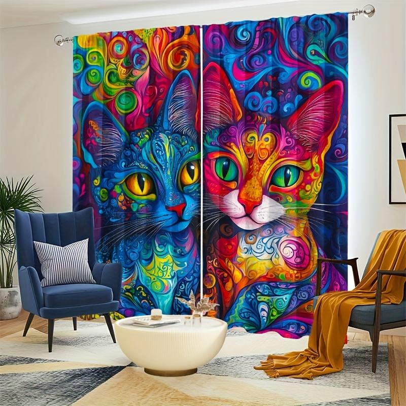 2pcs curtains with blue and colorful cat patterns, made of high-quality fabric with delicate touch, luxurious and beautiful