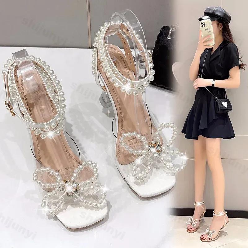 Fashion 2025 Summer White Pearl Bow High Heels Wedding Shoes Woman Square Toe Peep Toe  Thin Heels Party Sandals Zapatillas Mujer