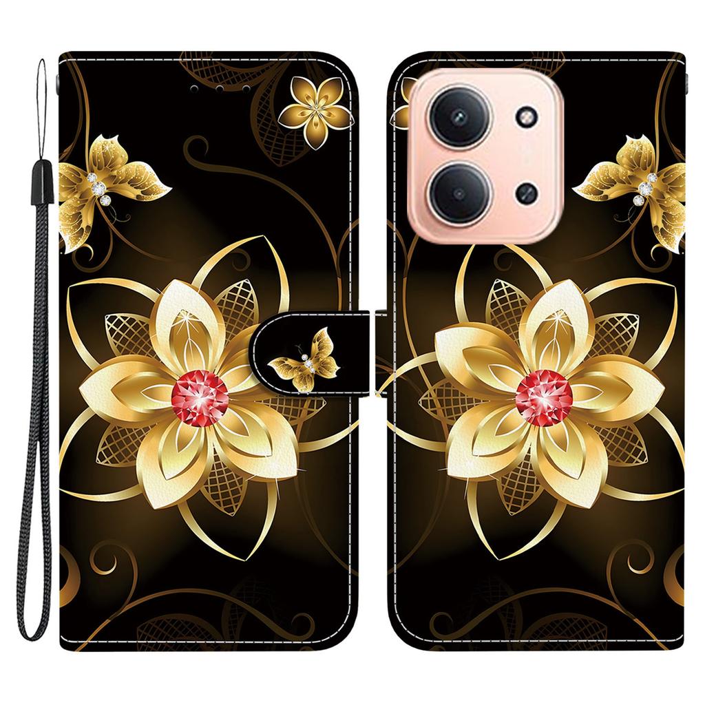 Pro Xiaomi Redmi 15C 5G (EU) (173 mm)/15C 4G (EU) (173 mm) Pouzdro Vzorový Potisk Kožená Peněženka Kryt na Telefon s Šňůrkou