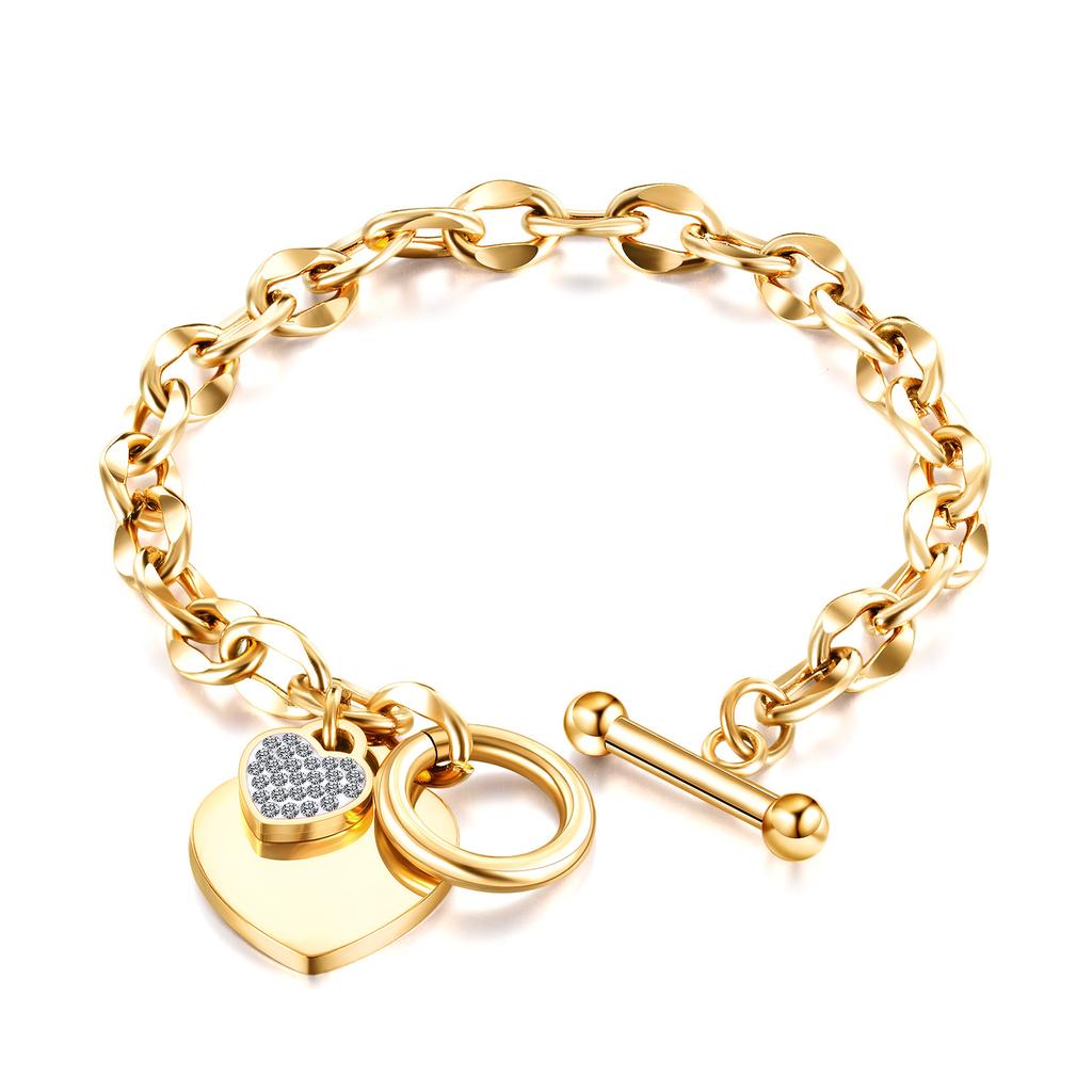 Nytt Mode Hjärtformat Zirkonarmband Guld Färg OT Lås Titanstål Dam Present Färgbeständig Dropshipping