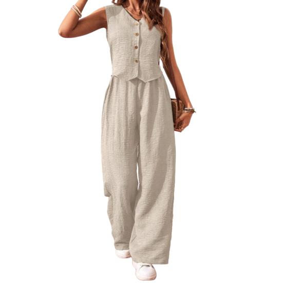 Women's Summer Two Piece Outfit Sleeveless V Neck Button Down Vest High Waist Wide