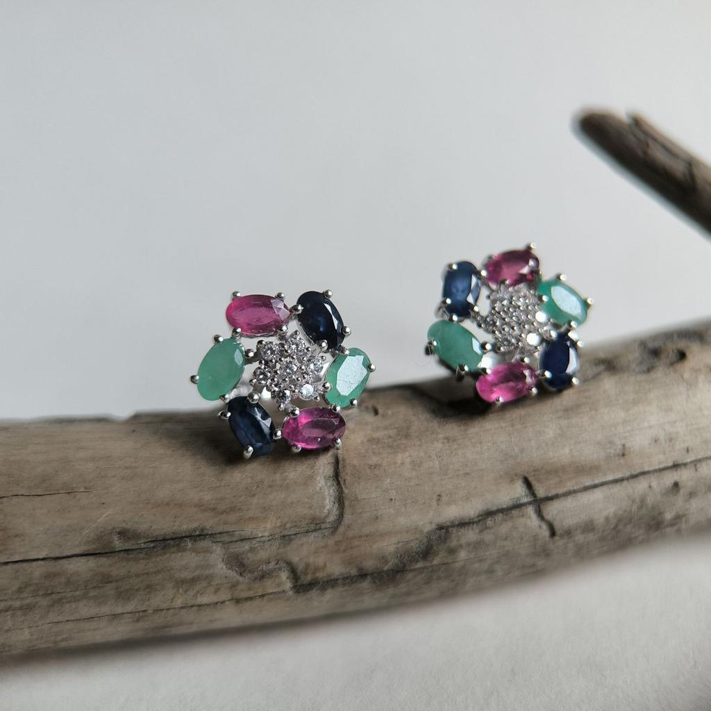 Серебряные серьги с натуральным сапфиром 3.567ct, рубином, изумрудом (2191124)