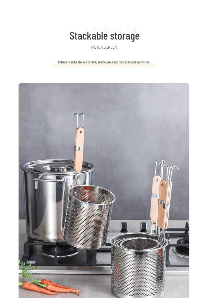 Mestolo per Noodles Ispessito in Acciaio Inossidabile con Manico in Legno - Cucchiaio Forato per Mala Tang e Scolatura Verdure