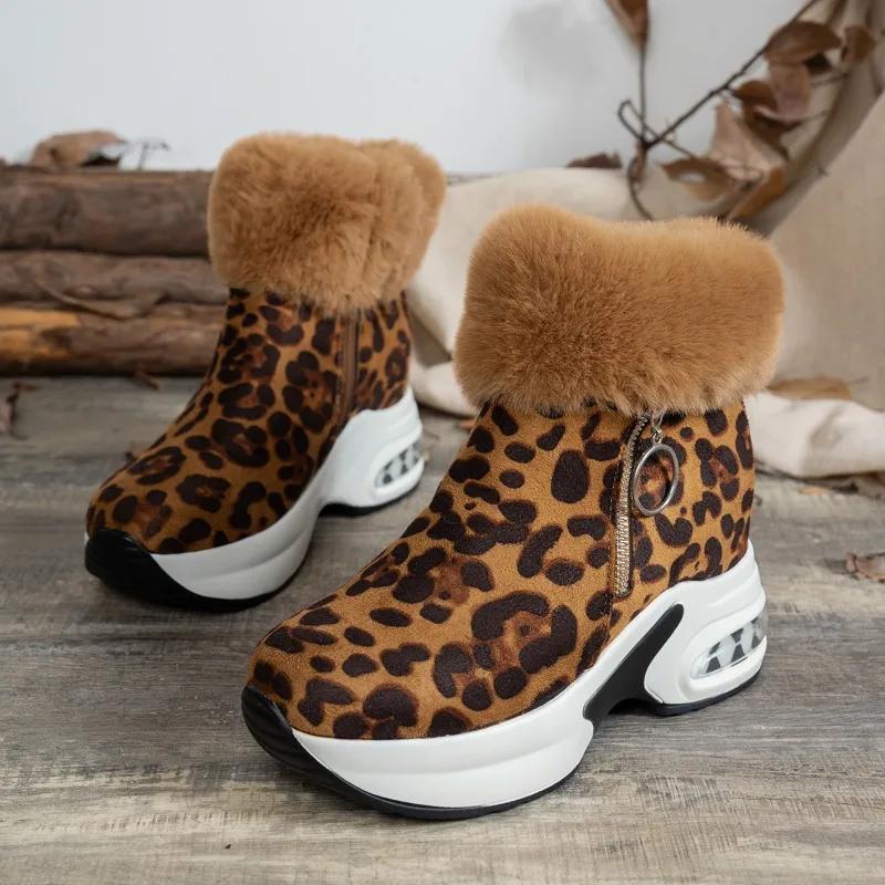 Fashion Women's Single Boots Winter New Thick-soled Leopard Print Frosted Zipper Cotton Boots Casual Comfort Warm Elevating Snow Boots