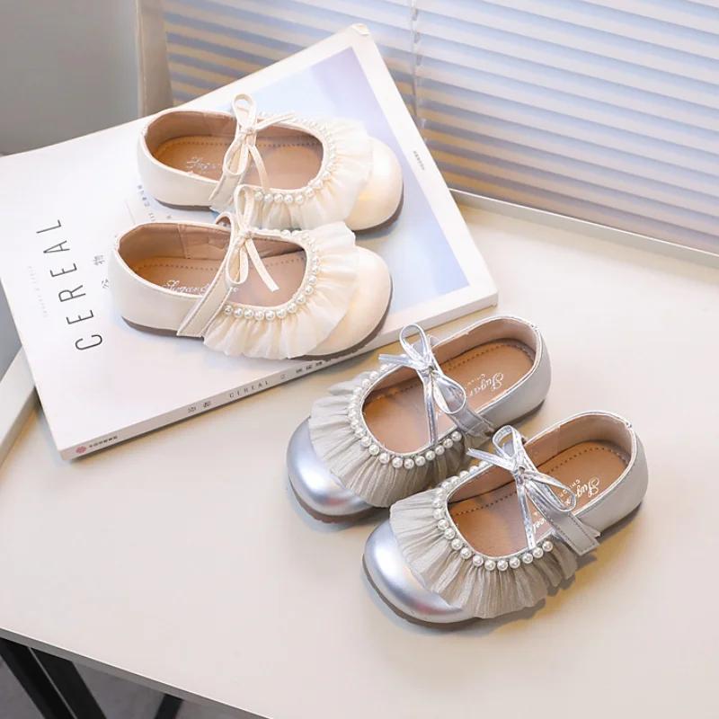 New Sweet Girl Leather Shoe Lace Pleated Children's Flats Elegant Versatile Kids Causal Princess Wedding Party Shoes Soft Bottom