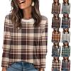 Ladies' Plaid Printed Fashionable Casual Round Neck Long Sleeved Round Neck Top
