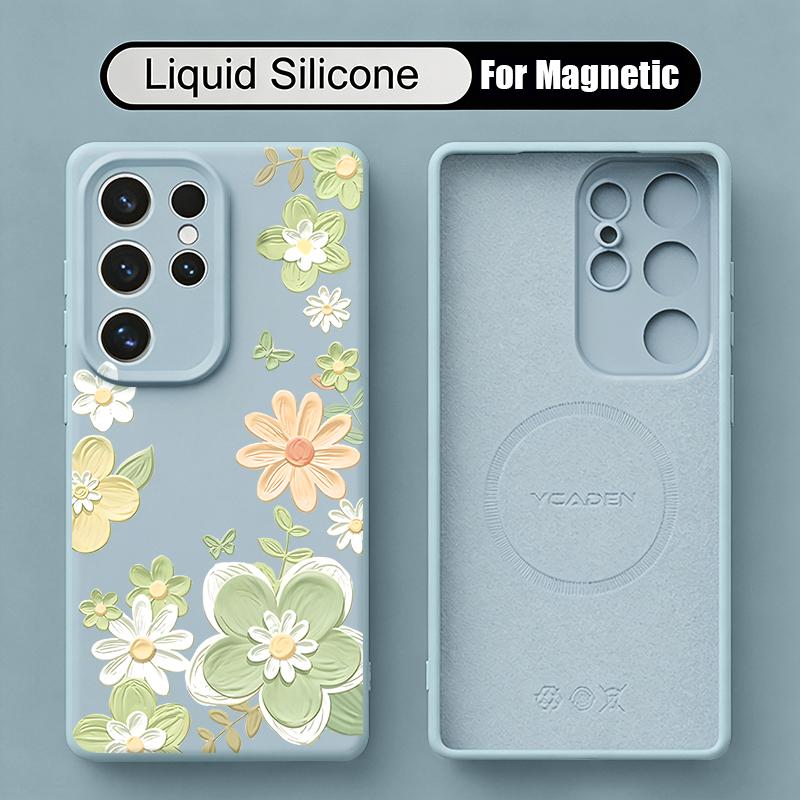 Cartoon Flowers Print Case For Samsung Galaxy S26 S25 Ultra S24 Plus S23 S22 Ultra Magnetic For Magsafe Liquid Silicone Cover
