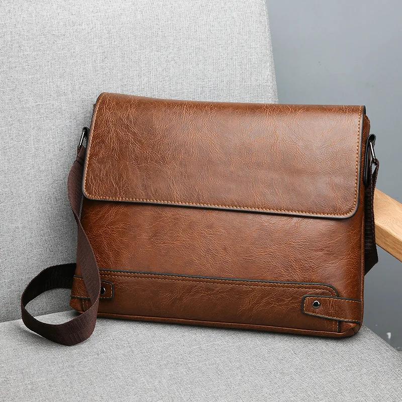 Men's Solid Retro Leather Shoulder Bag, Casual Business Crossbody BagS Horizontal A4 Paper Travel Bag Briefcase Laptop Bag